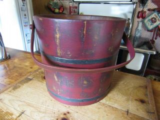 Large Vintage Vermont Wood Bucket W/2 Metal Rings Around The Box - Bentwood Handle