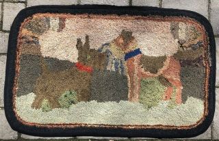 Antique 19th C.  Folk Art Hooked Wool Rag Rug Scottie Dogs Terrier Americana Nr