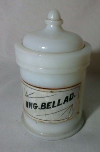 Ung.  Bellad.  Hazel Atlas Milk Glass Apothecary Jar Bottle Pharmacy Medicine Lid