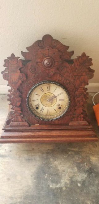 Antique Ingraham Co Striking Chime Mantel Clock Wood Case No Key