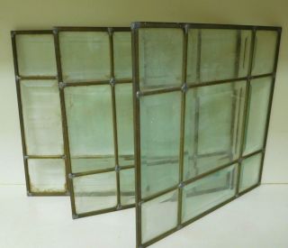 3 Vintage Leaded Beveled Glass Window Panes 12 " X12 " X 3 Panes - Heavy Brass