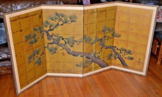 Antique Signed Japanese Hand Painted 4 Panel Folding Screen Pine Tree