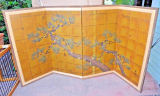Antique signed Japanese hand painted 4 panel folding screen PINE TREE 2