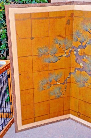 Antique signed Japanese hand painted 4 panel folding screen PINE TREE 3