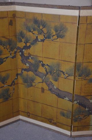 Antique signed Japanese hand painted 4 panel folding screen PINE TREE 4
