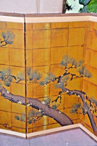 Antique signed Japanese hand painted 4 panel folding screen PINE TREE 5
