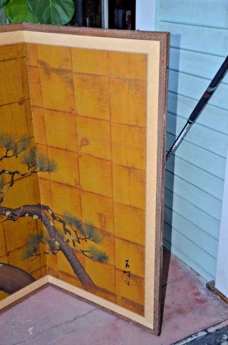 Antique signed Japanese hand painted 4 panel folding screen PINE TREE 6