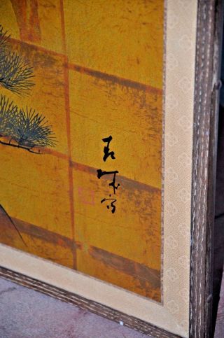 Antique signed Japanese hand painted 4 panel folding screen PINE TREE 7