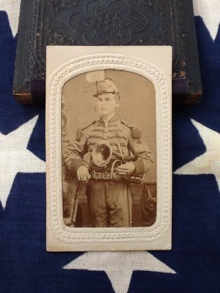 1864 Militia/cadet Civil War Musician Cdv - Full Uniform & Horn - Dated Tax Stamp.
