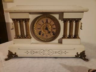 White Six Pilar Seth Thomas Adamantine Mantle Clock Patent 1880 W/ Key