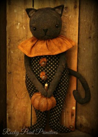 Primitive Fall Halloween Black Cat Doll With Pumpkin Hanger Sitter