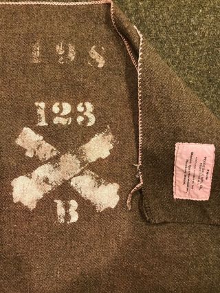 Wwi Us Wool Blanket 123rd Field Artillery Regiment B Co.  Has Stencil And Tag