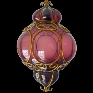 Vtg Murano Caged Purple Glass Ceiling Pendant Light/mid Century Hanging Lantern