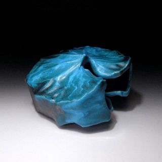UP7: Vintage Japanese pottery vase,  Kyo ware,  Light Blue glaze,  Leaf 9
