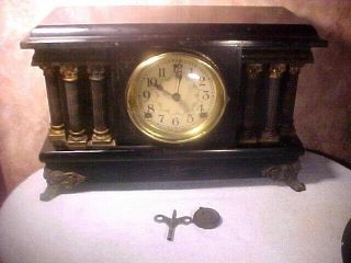 Antique Sessions Black 8 Pillar & Claw Feet Mantle Clock Runs And Chimes