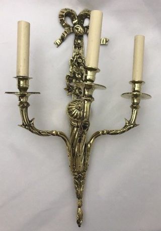Antique Ornate Brass Wall Sconce Light Lamp 3 Arm Candle Victorian Electric Vtg