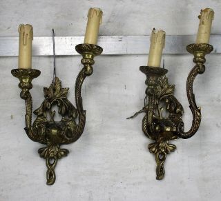Pair Couple Vintage Ornate Brass Two - Arm Double Wall Sconce Light Lamp Sleeves