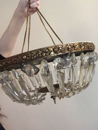 Antique Vintage Bronze 14”crystal Basket 4 Light Flush Mount Chandelier