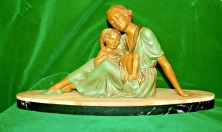 Stunning Large Vintage Art Deco Spelter Figural Group Woman & Child Marble Base