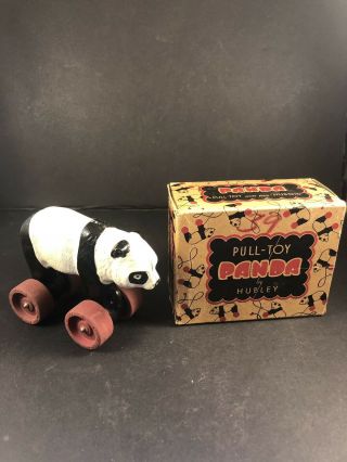 1940’s Hubley Panda Bear Pull Along Toy On Wheels Huboid