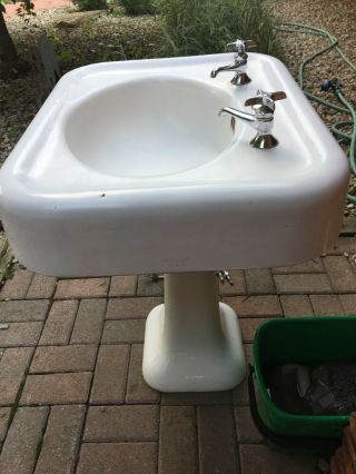 Vintage KOHLER 1924 CAST IRON White Pedestal Bathroom Sink 4