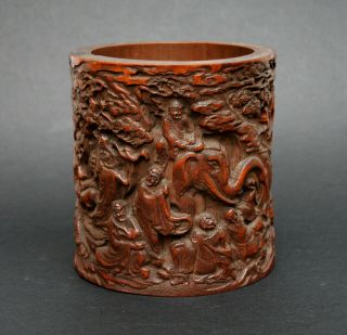Chinese Carved Bamboo Brush Pot Elephant 18 Figures - French Flea Market Find