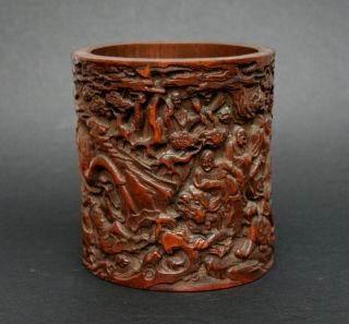 CHINESE CARVED BAMBOO BRUSH POT ELEPHANT 18 FIGURES - FRENCH FLEA MARKET FIND 2