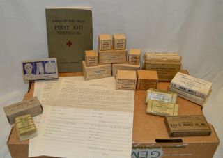 Rare Vintage Ww2 American Red Cross First Aid Textbook & Medical Supplies