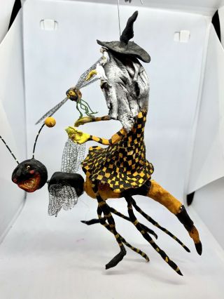 Primitive Handsculpted Halloween Witch Riding Creepy Hornet 7 1/2”