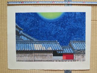 Japanese Woodblock Print,  Junichiro Sekino,  Tile Roof Moonlight,  Lg,