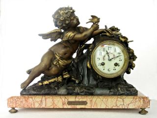 Antique Geo.  Maxim French Mantel Clock,  Cupid,  Bronzed Spelter & Marble,  19th C
