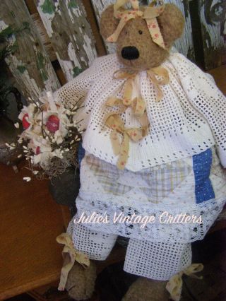 PRIMITIVE TEDDY BEAR DOLL,  OLD TIN WITH FLOWERS,  ANTIQUE QUILT,  FOLK ART TEDDY BEAR 10