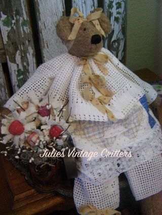Primitive Teddy Bear Doll,  Old Tin With Flowers,  Antique Quilt,  Folk Art Teddy Bear