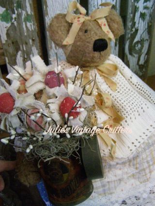 PRIMITIVE TEDDY BEAR DOLL,  OLD TIN WITH FLOWERS,  ANTIQUE QUILT,  FOLK ART TEDDY BEAR 2