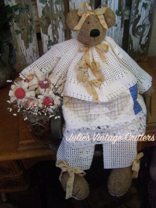 PRIMITIVE TEDDY BEAR DOLL,  OLD TIN WITH FLOWERS,  ANTIQUE QUILT,  FOLK ART TEDDY BEAR 3