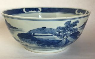 Large Antique Chinese Blue & White Porcelain Landscape Censer Bowl 8