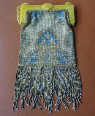 Antique Micro Beaded Purse W/fringe France Bakelite Chain Handle Silk Lining