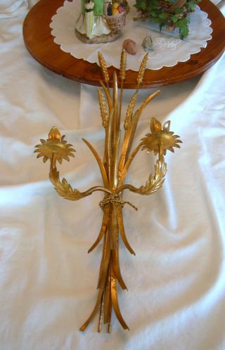 Vintage Mid - Century Italian Gilt Metal " Wheat " Wall Sconce Candle Holder W/ Tag