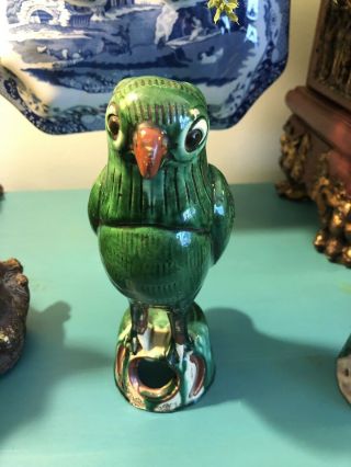 Rare Chinese Antique 19th Century Porcelain Parrot Figurine Majolica Look