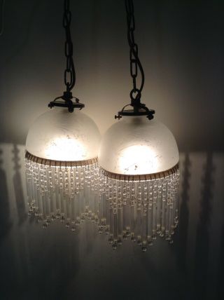 Pair Vintage French Glass Pendant Ceiling Lights With Beaded Droplets (2096)