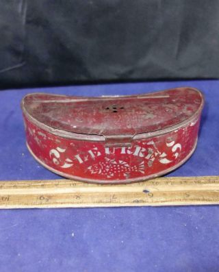 Antique Small Tin French Bait Belt Box Leurre Lure W/ Fish Stencil On Front