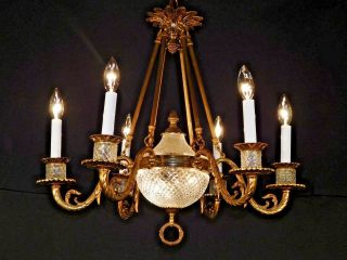 Antique French Empire Baccarat Waterford Style Crystal Bronze 6 Lite Chandelier