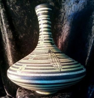 Vintage Mid Century Exotic Matte Black White Green Sgraffito Ceramic Bottle Vase