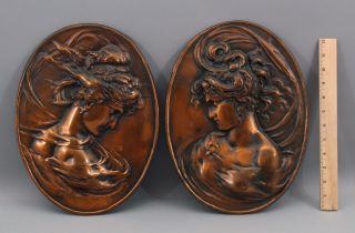 Pair Large Antique Art Nouveau Bronzed Cast Iron Woman Profiles Plaques