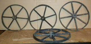 4 Old Wooden Spoked Wheels Child Wagon Toy 8 3/4 Inch Diameter Blue Paint