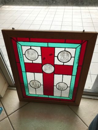 Vintage Stained Glass Unusual Cross With Five Jesus Photos In Glass 19 X 23