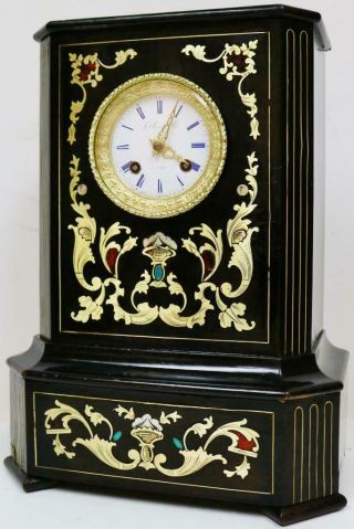 Antique French Empire Mantel Clock 8 Day Enamel & Brass Inlaid Boulle Ebony Case