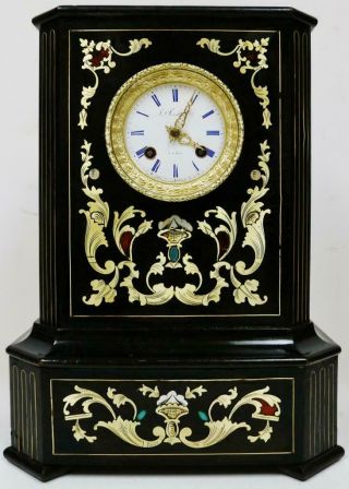 Antique French Empire Mantel Clock 8 Day Enamel & Brass Inlaid Boulle Ebony Case 2