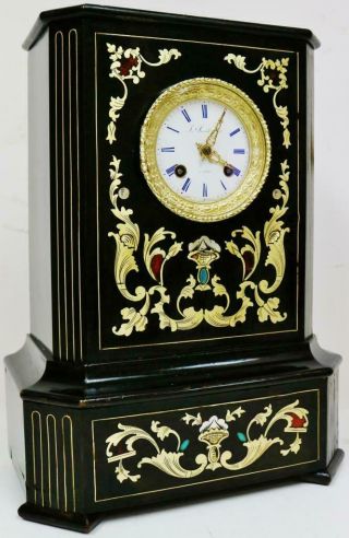Antique French Empire Mantel Clock 8 Day Enamel & Brass Inlaid Boulle Ebony Case 3