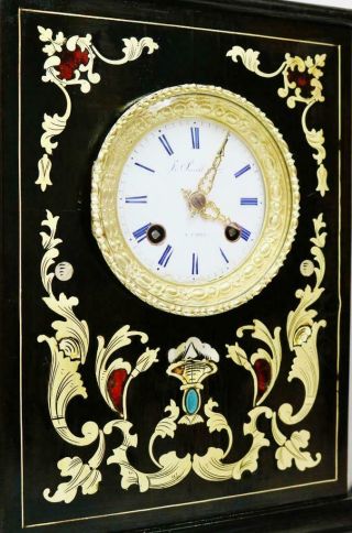 Antique French Empire Mantel Clock 8 Day Enamel & Brass Inlaid Boulle Ebony Case 4